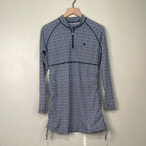 Coolibar Lawai Ruche Swim Shirt Blue Patterned Long Sleeve Dress Womens M